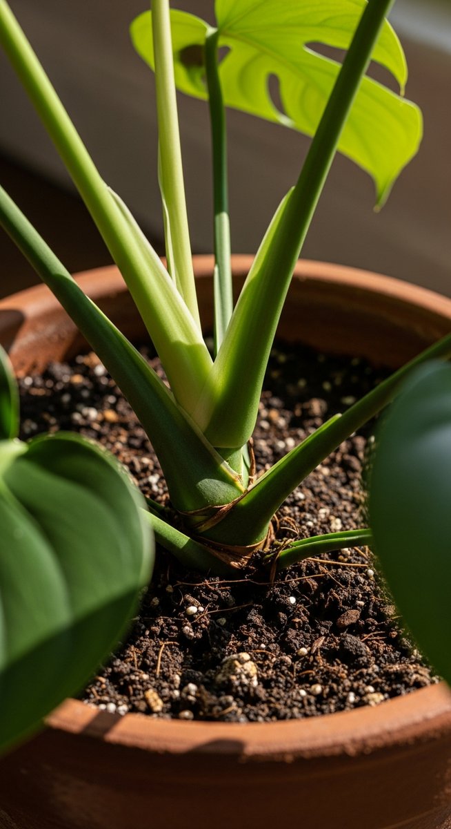 close-up of the base and lower leaves of a monstera plant, for monstera peru