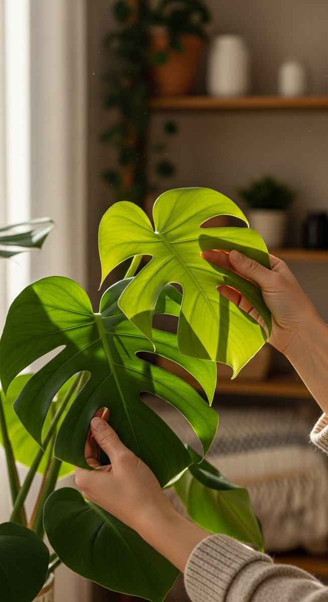 hands touching the leaves of a healthy monstera plant