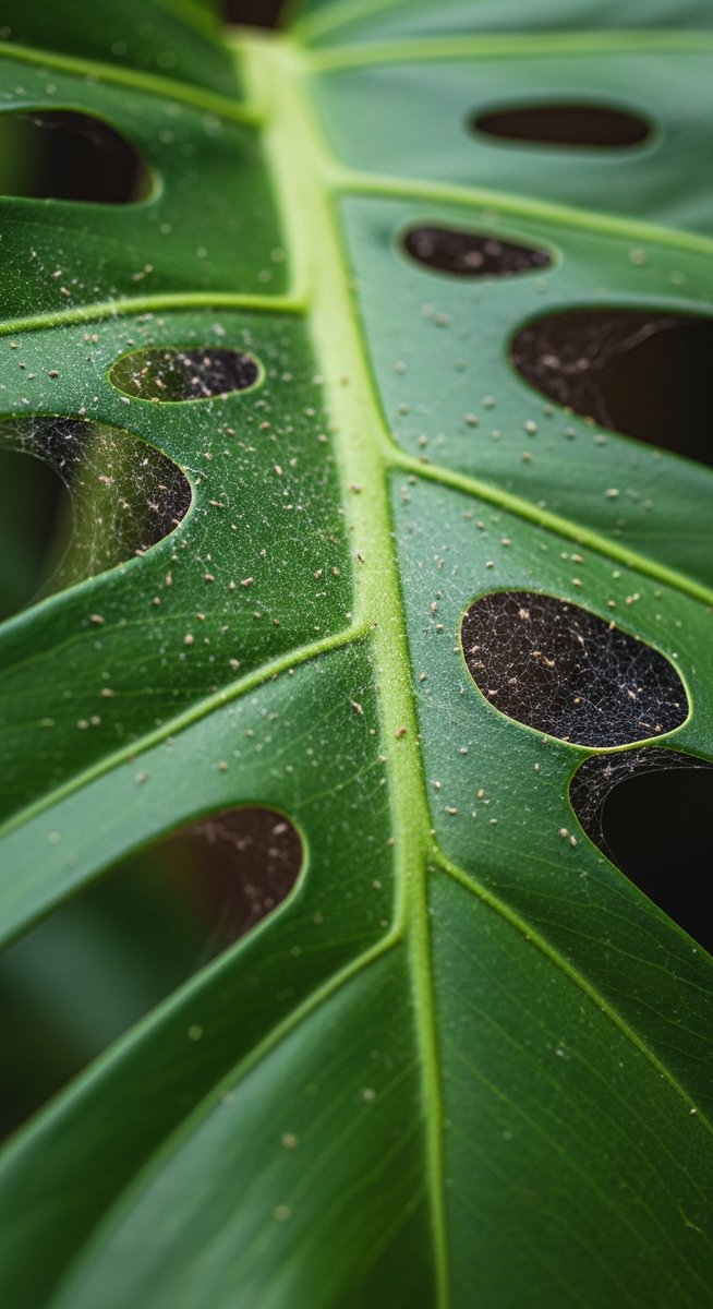 close-up of a monstera leaf showing webbing from spider mites
