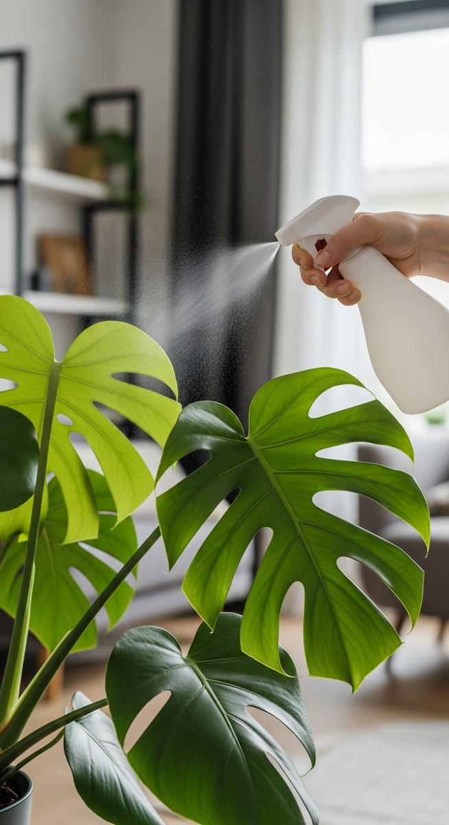 a monstera plant being treated with a spray bottle for pests, for monstera pests diseases