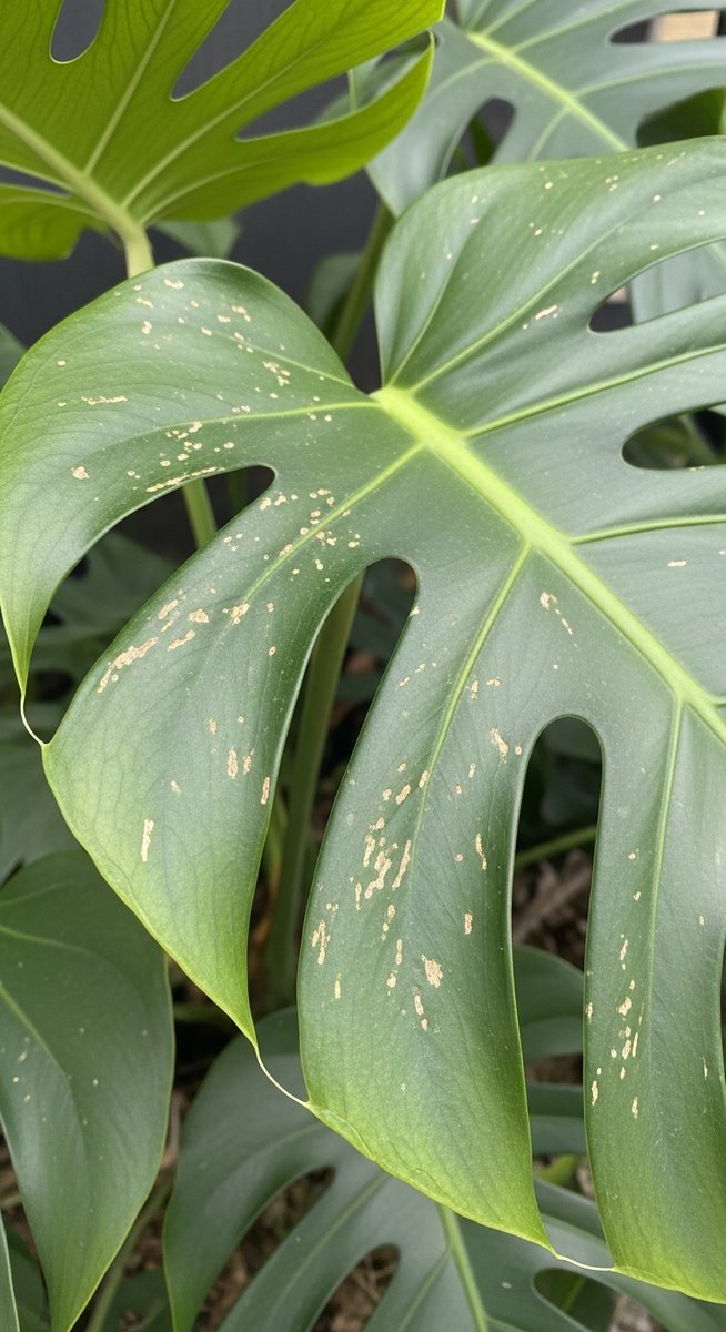 close-up of monstera leaves showing stippling from pest damage