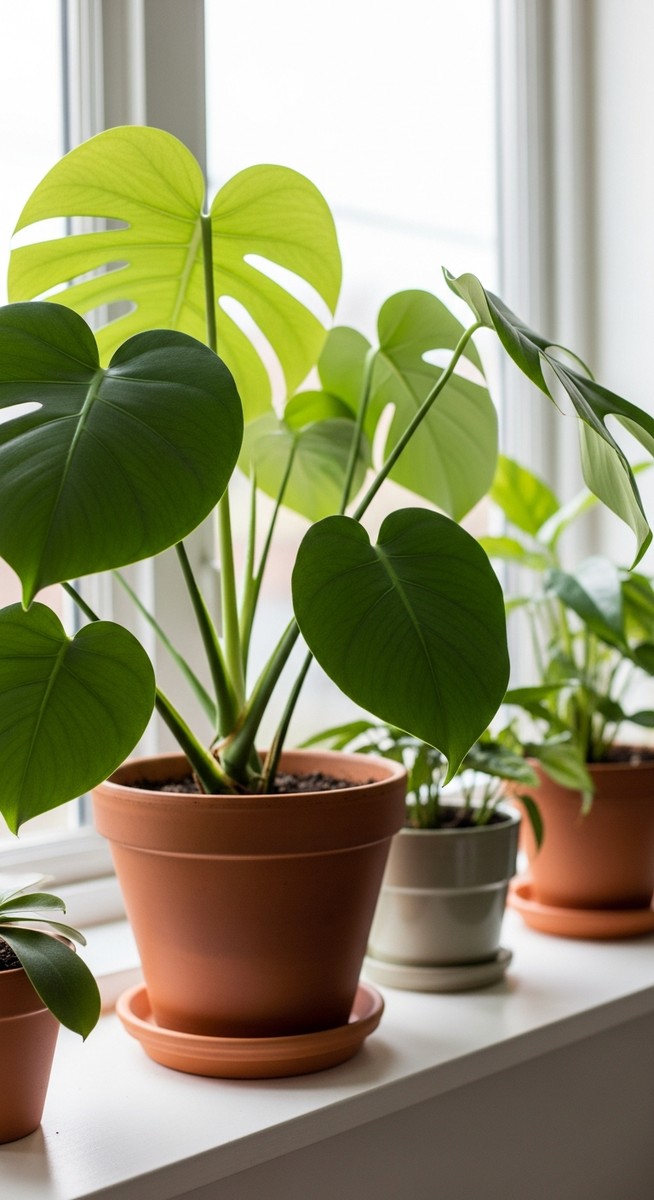 a lush monstera plant in a terracotta pot on a white shelf