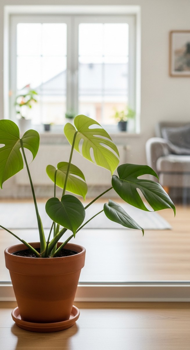 a monstera plant in a pot near a bright window