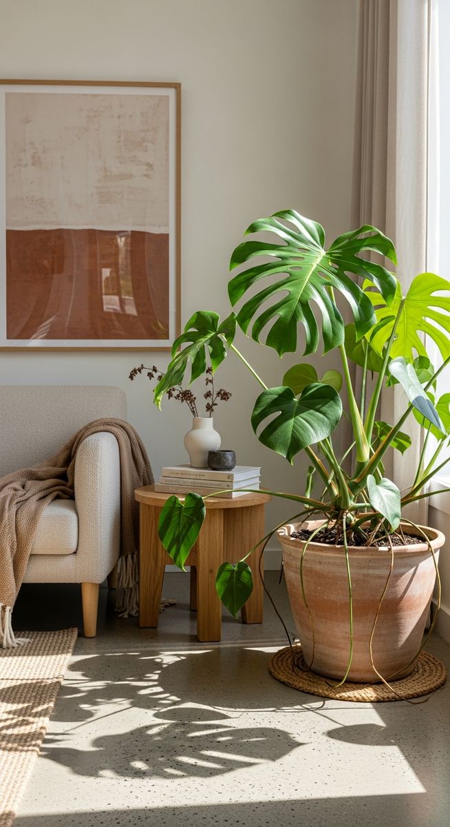 a large thriving monstera plant as a living room focal point, for monstera pinnatipartita