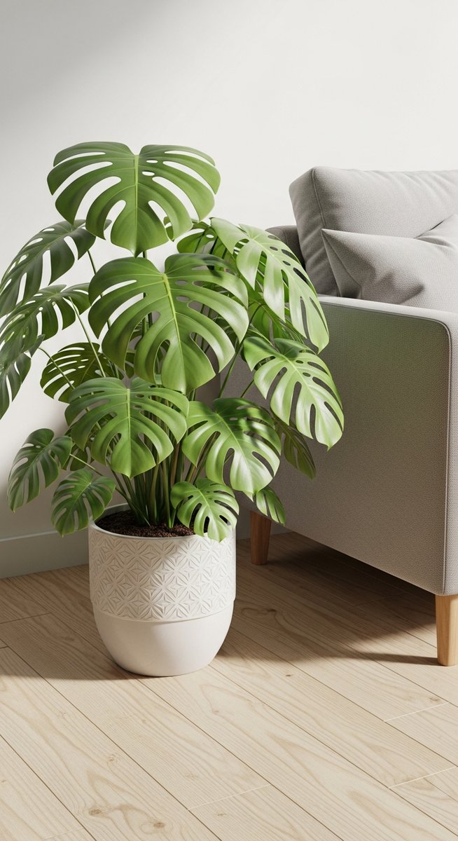 a monstera plant in a decorative pot on a wooden floor
