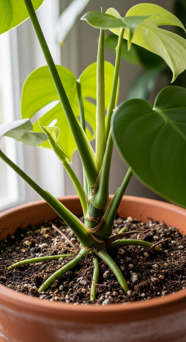 close-up of the base and lower leaves of a monstera plant, for monstera pinnatipartita