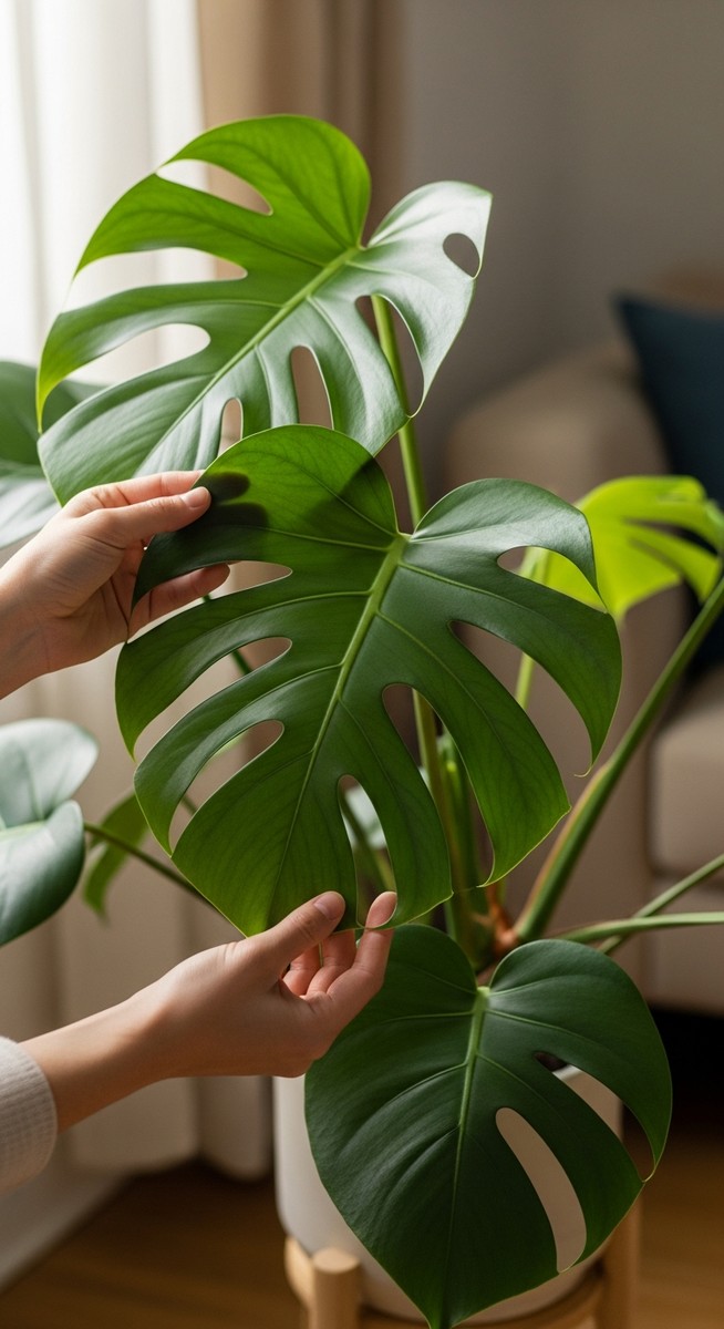 hands touching the leaves of a healthy monstera plant