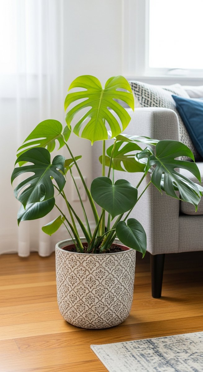 a monstera plant in a decorative pot on a wooden floor
