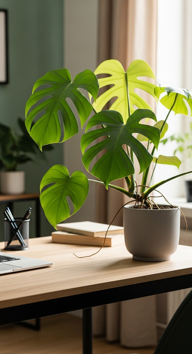 a monstera plant on a home office desk creating a calming atmosphere