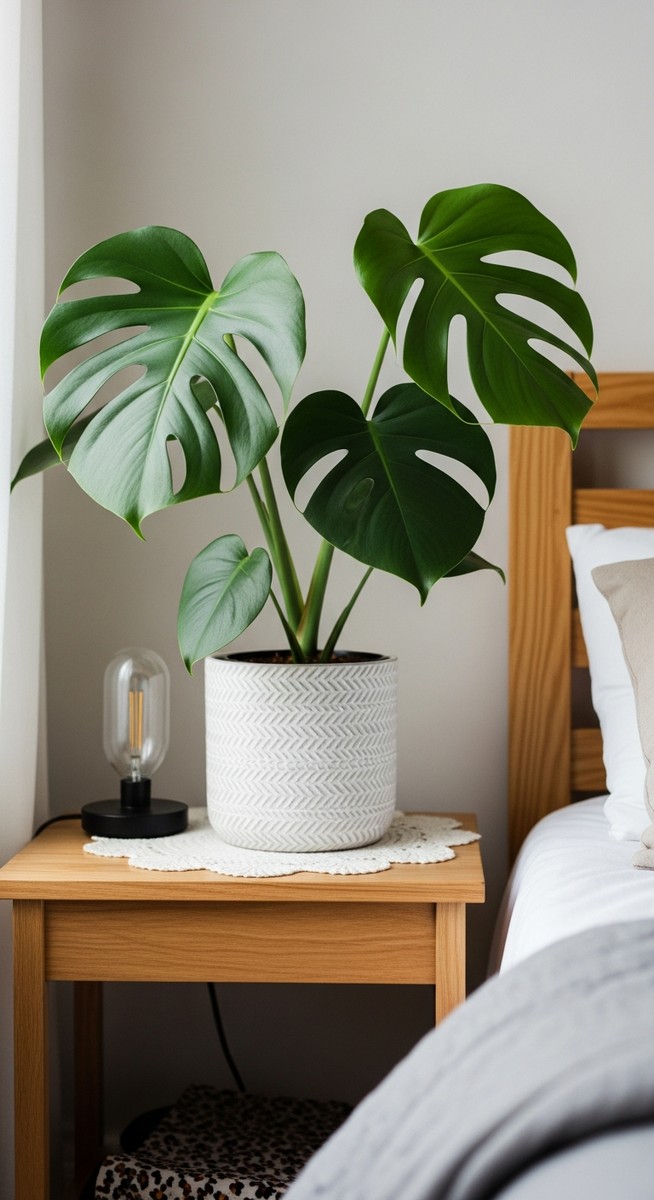 a monstera plant on a bedside table in a cosy bedroom setting, for monstera plant benefits