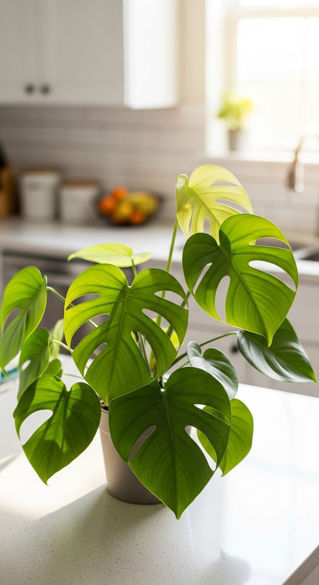 a monstera plant on a kitchen windowsill in a bright fresh kitchen