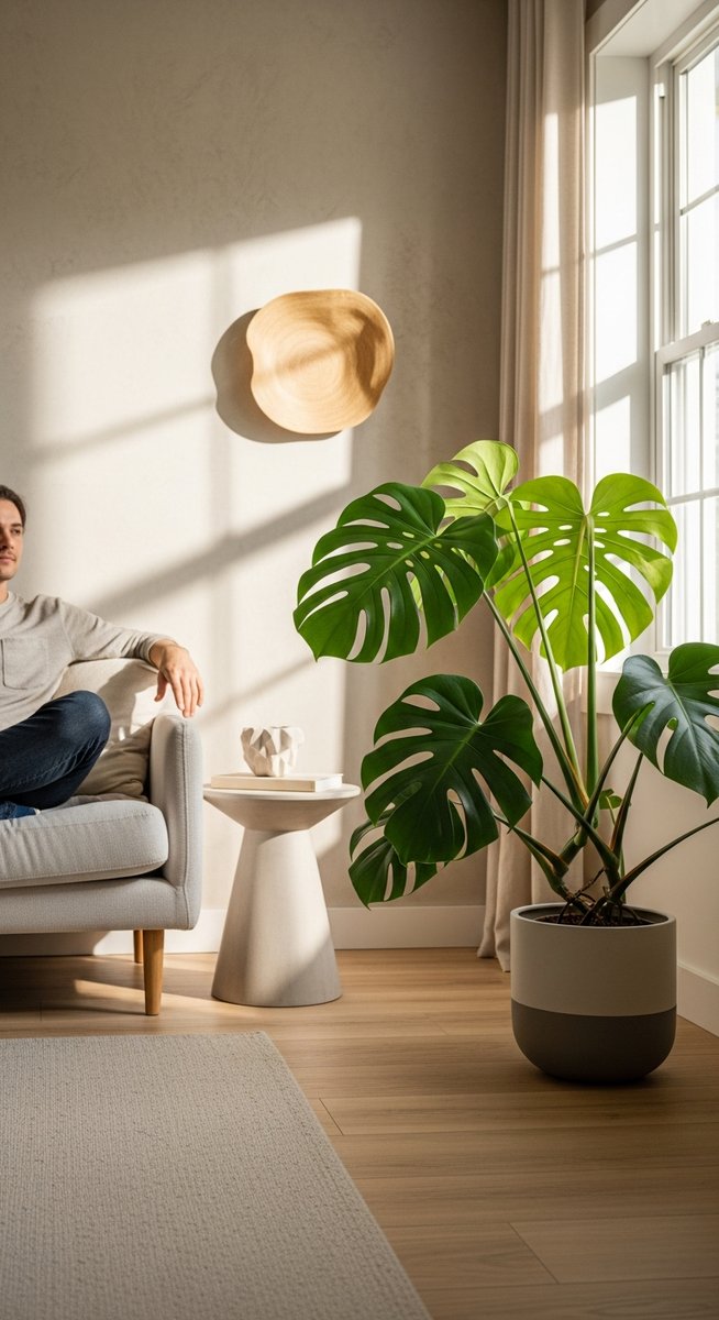 a person relaxing near a large monstera plant in a bright home interior
