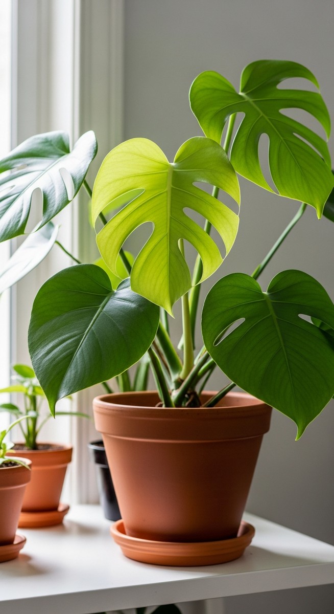 a lush monstera plant in a terracotta pot on a white shelf