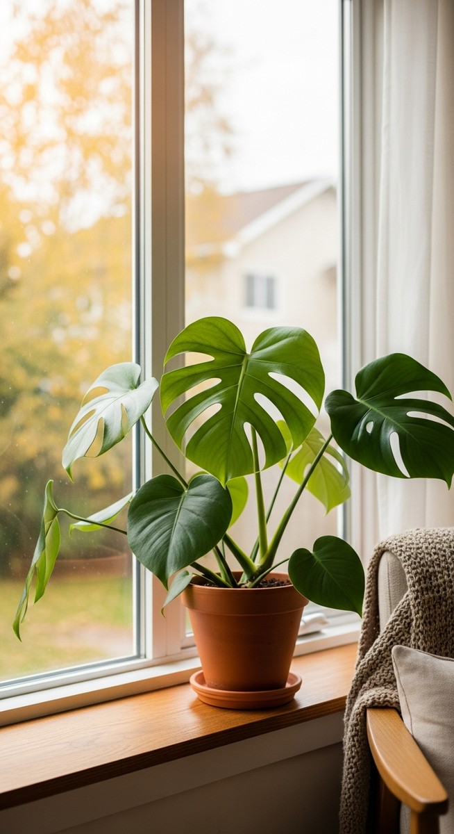a monstera plant in a pot near a bright window