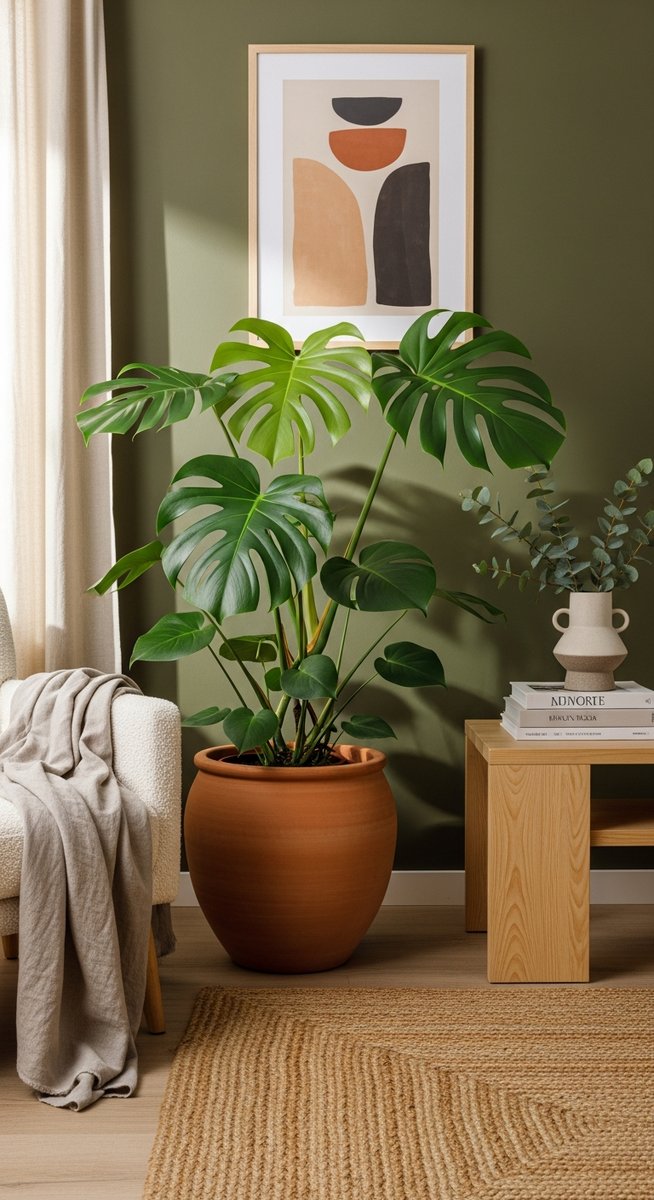 a large thriving monstera plant as a living room focal point, for monstera plant price