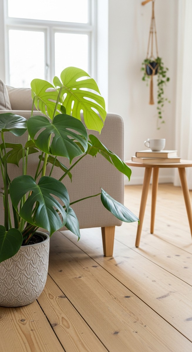 a monstera plant in a decorative pot on a wooden floor