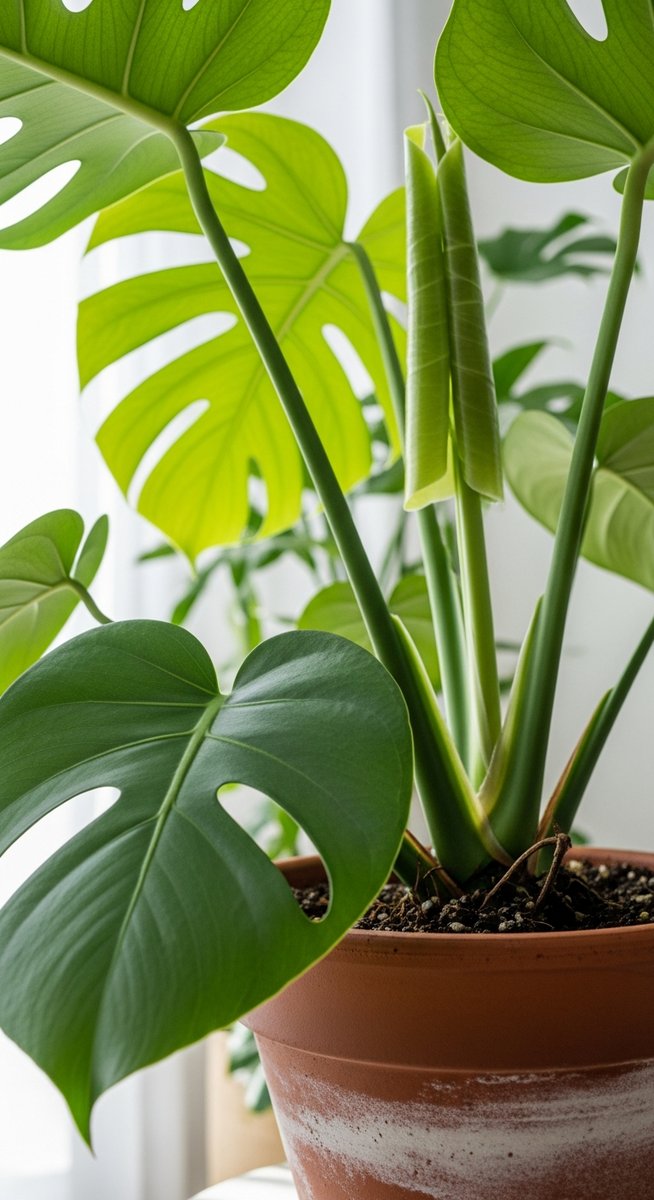 close-up of the base and lower leaves of a monstera plant, for monstera plant price