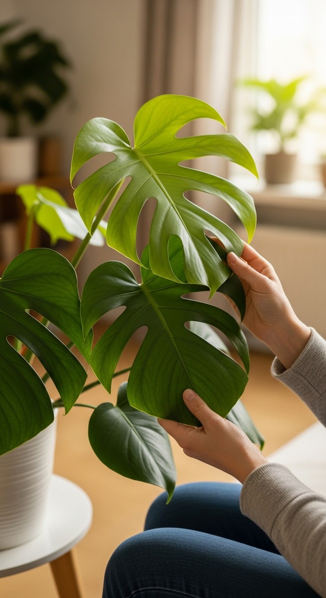 hands touching the leaves of a healthy monstera plant