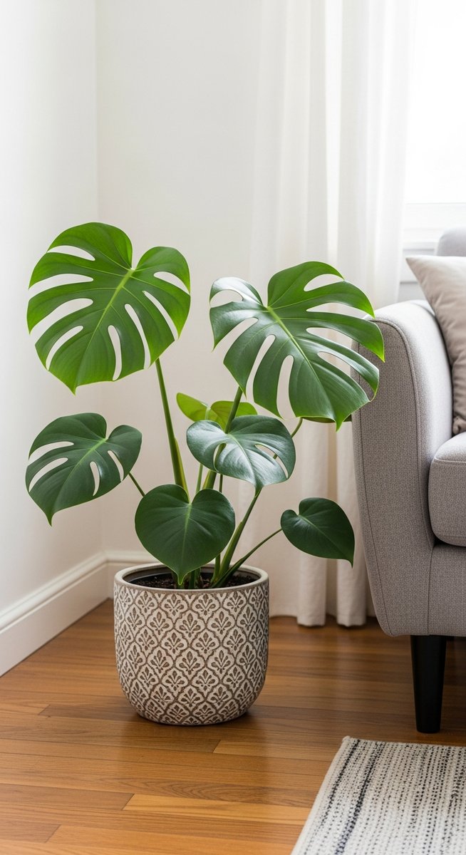 a monstera plant in a decorative pot on a wooden floor