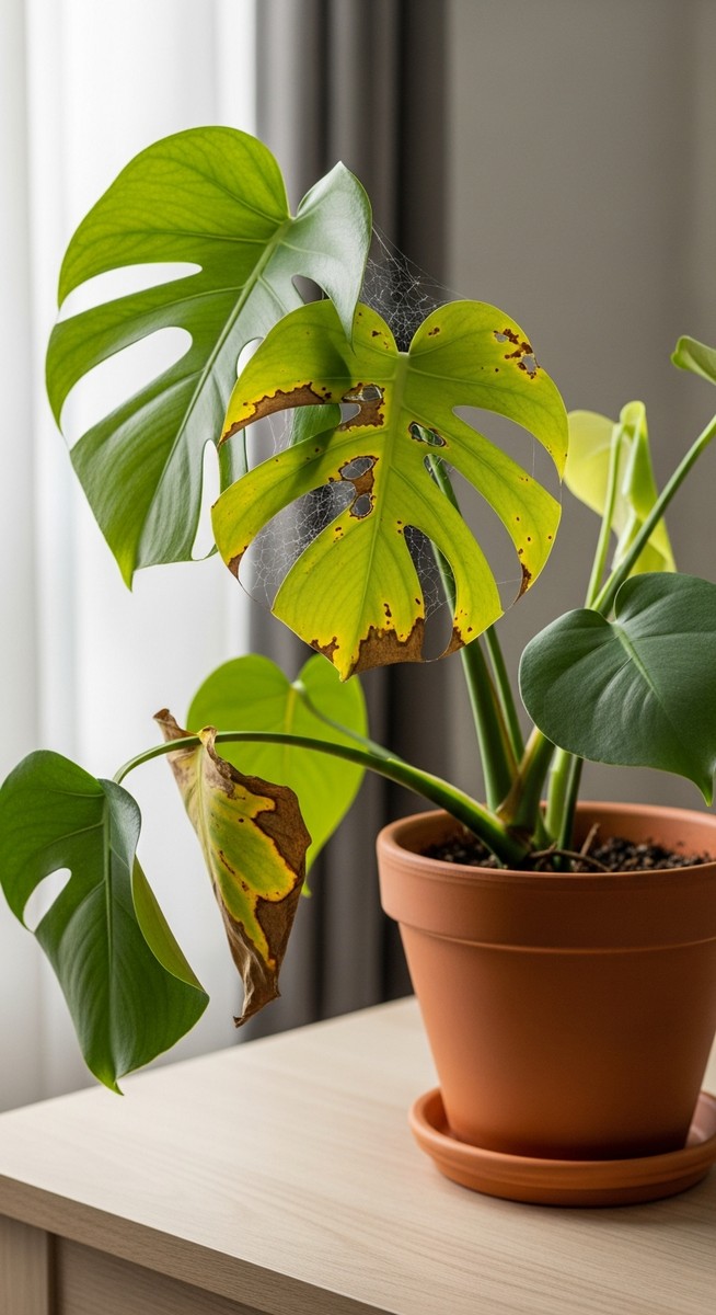 a monstera plant with visibly pest-damaged leaves, for monstera root rot
