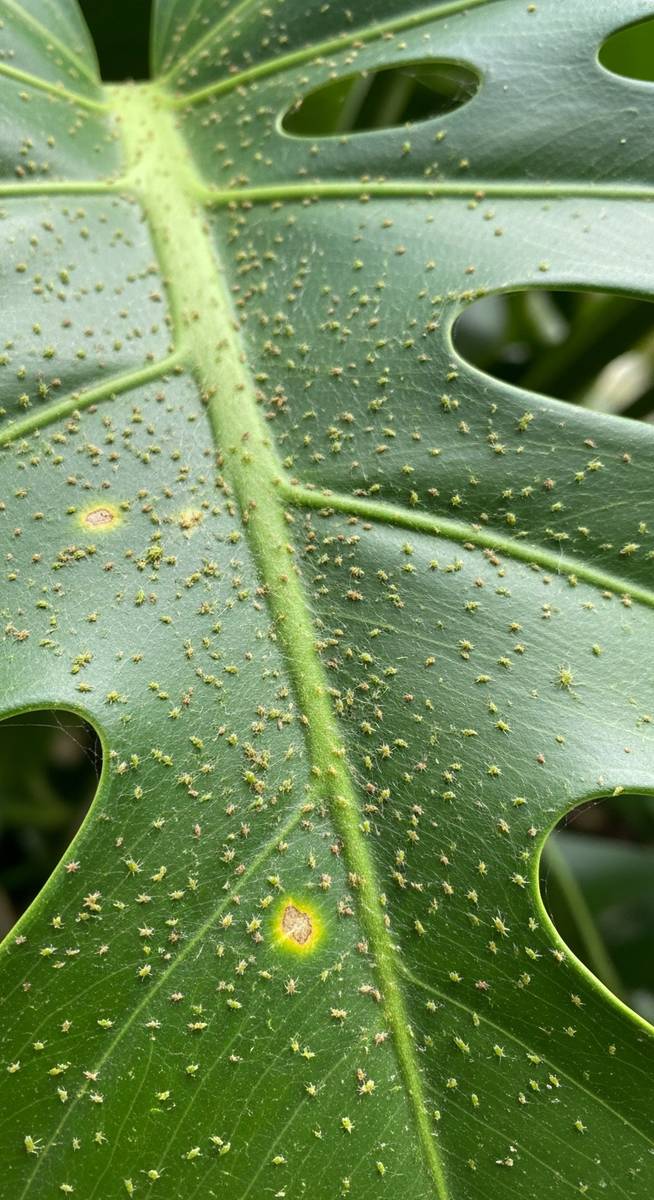 close-up of a monstera leaf showing webbing from spider mites