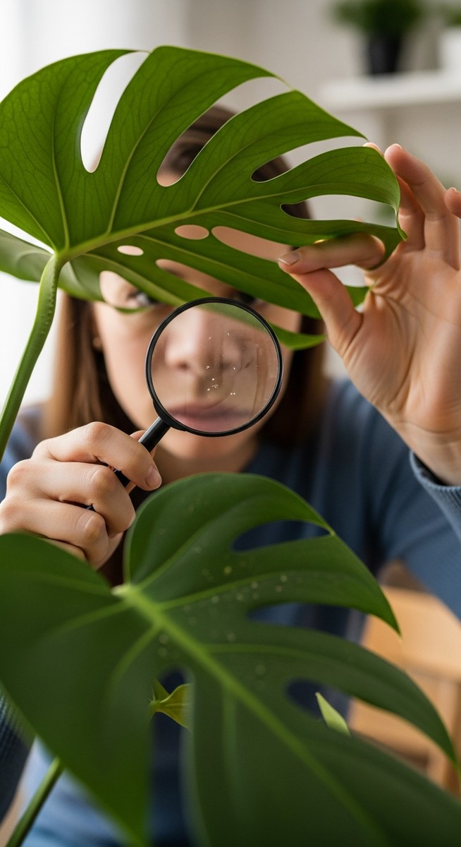 a person inspecting a monstera plant for signs of pest infestation, for monstera root rot