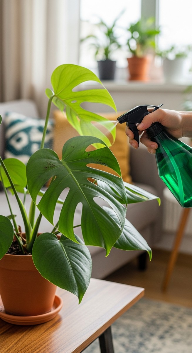 a monstera plant being treated with a spray bottle for pests, for monstera root rot