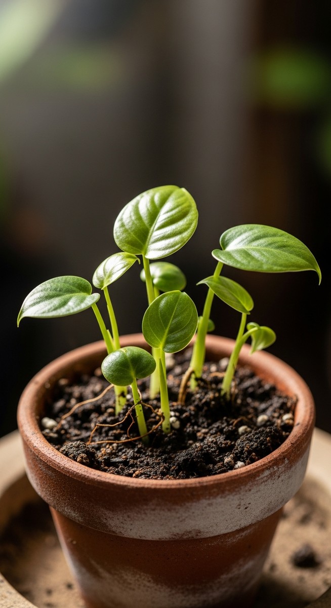 Small monstera seedlings in a small pot or tray, for monstera seeds
