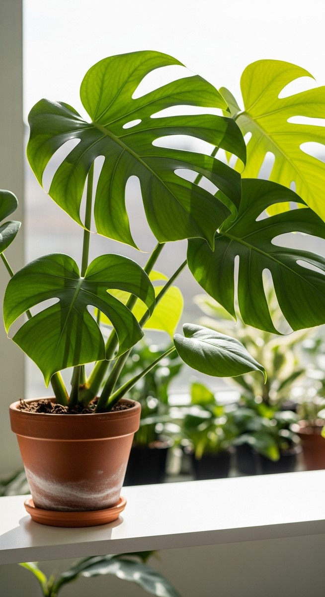 a lush monstera plant in a terracotta pot on a white shelf