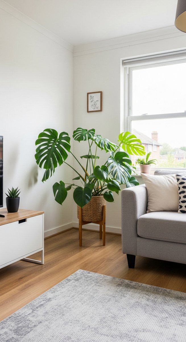 a large thriving monstera plant as a living room focal point, for monstera sierrana