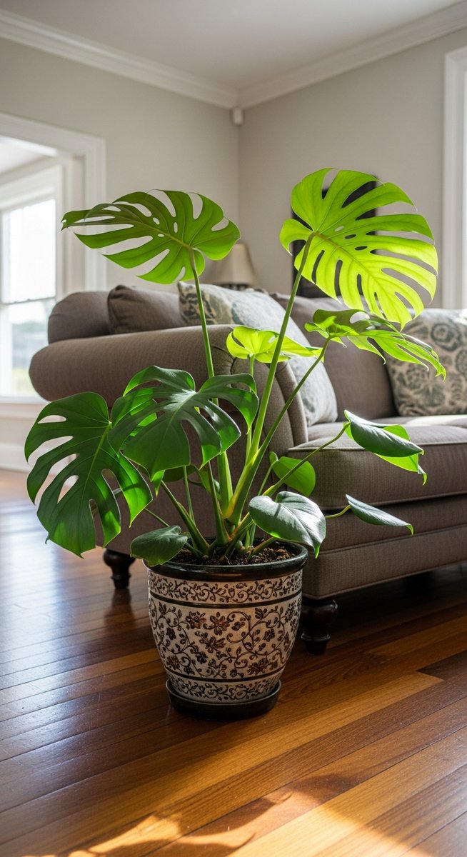 a monstera plant in a decorative pot on a wooden floor