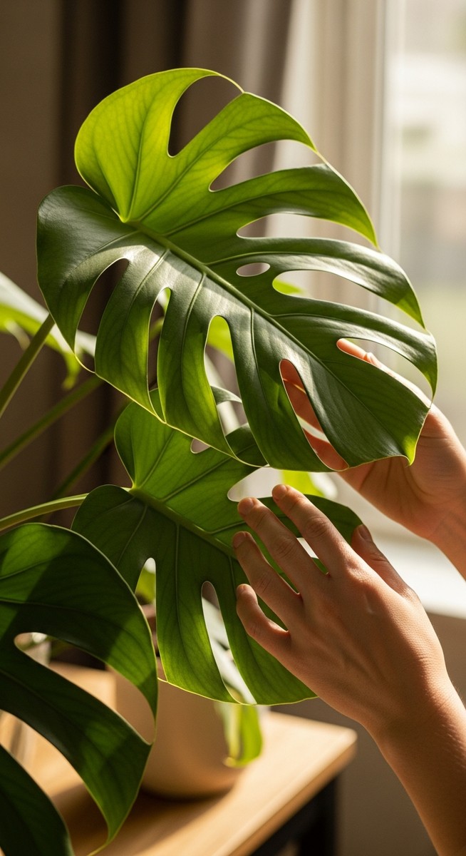 hands touching the leaves of a healthy monstera plant