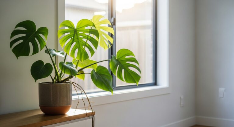 a healthy monstera plant displayed in a bright modern living room, for monstera sierrana