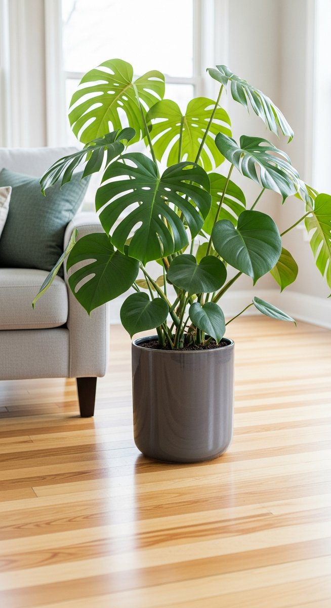 a monstera plant in a decorative pot on a wooden floor