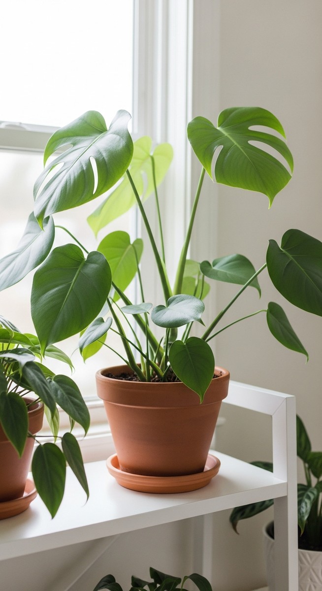 a lush monstera plant in a terracotta pot on a white shelf