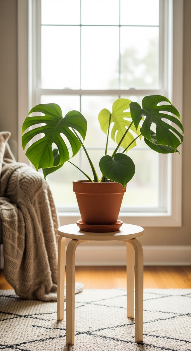a monstera plant in a pot near a bright window