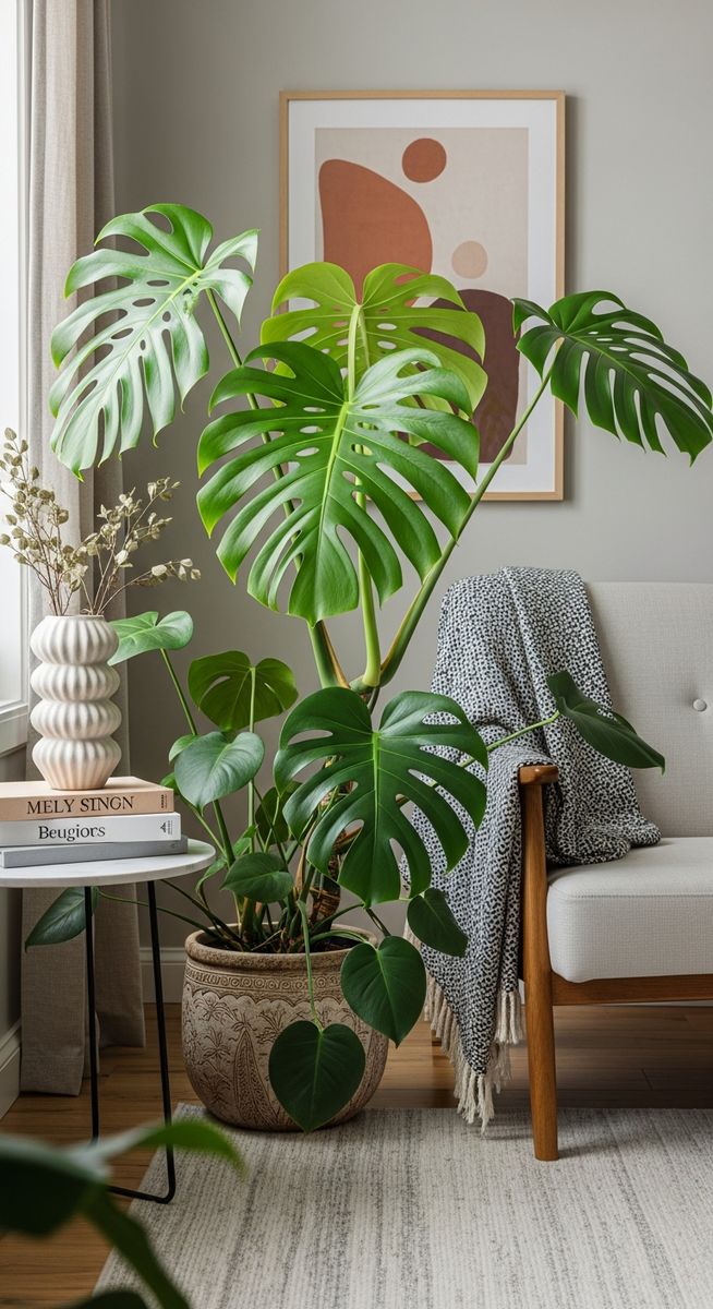 a large thriving monstera plant as a living room focal point, for monstera siltepecana