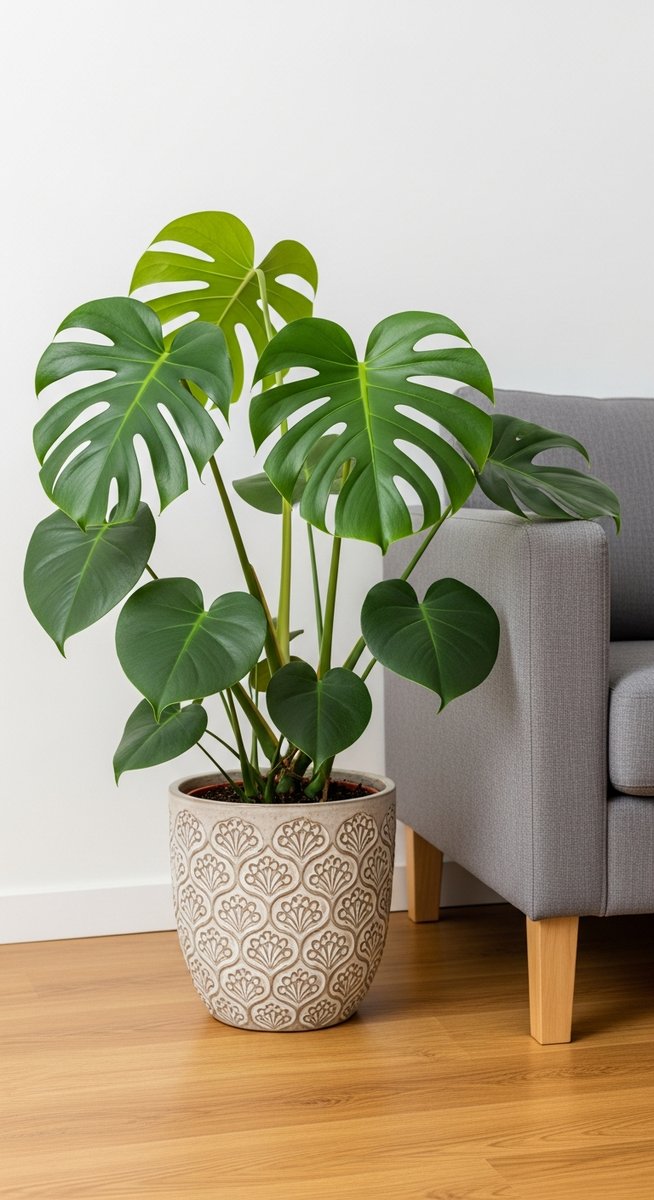 a monstera plant in a decorative pot on a wooden floor