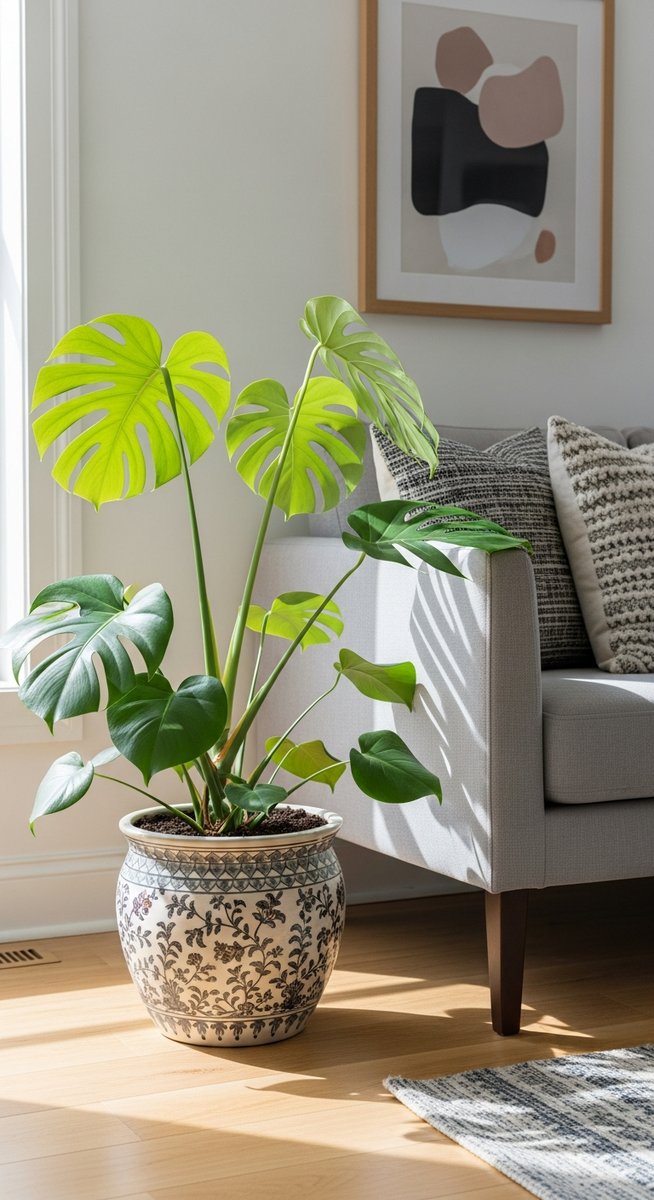 a monstera plant in a decorative pot on a wooden floor
