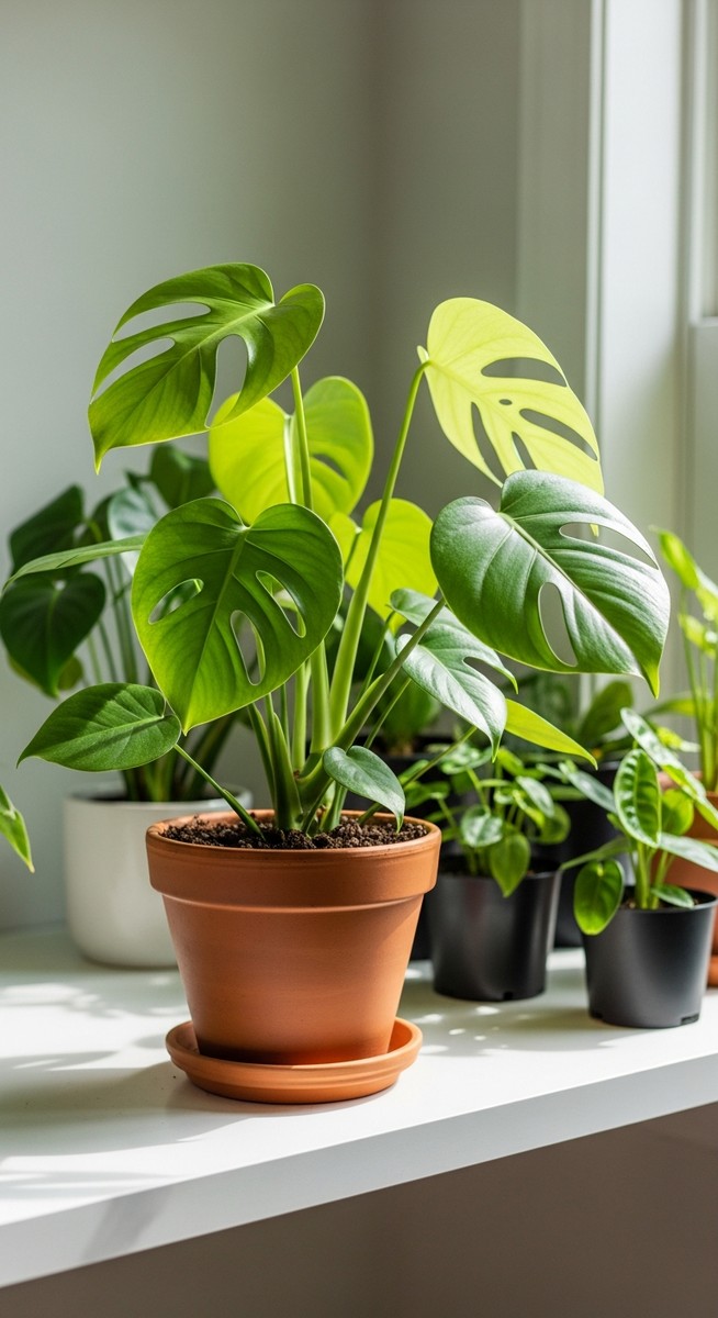 a lush monstera plant in a terracotta pot on a white shelf