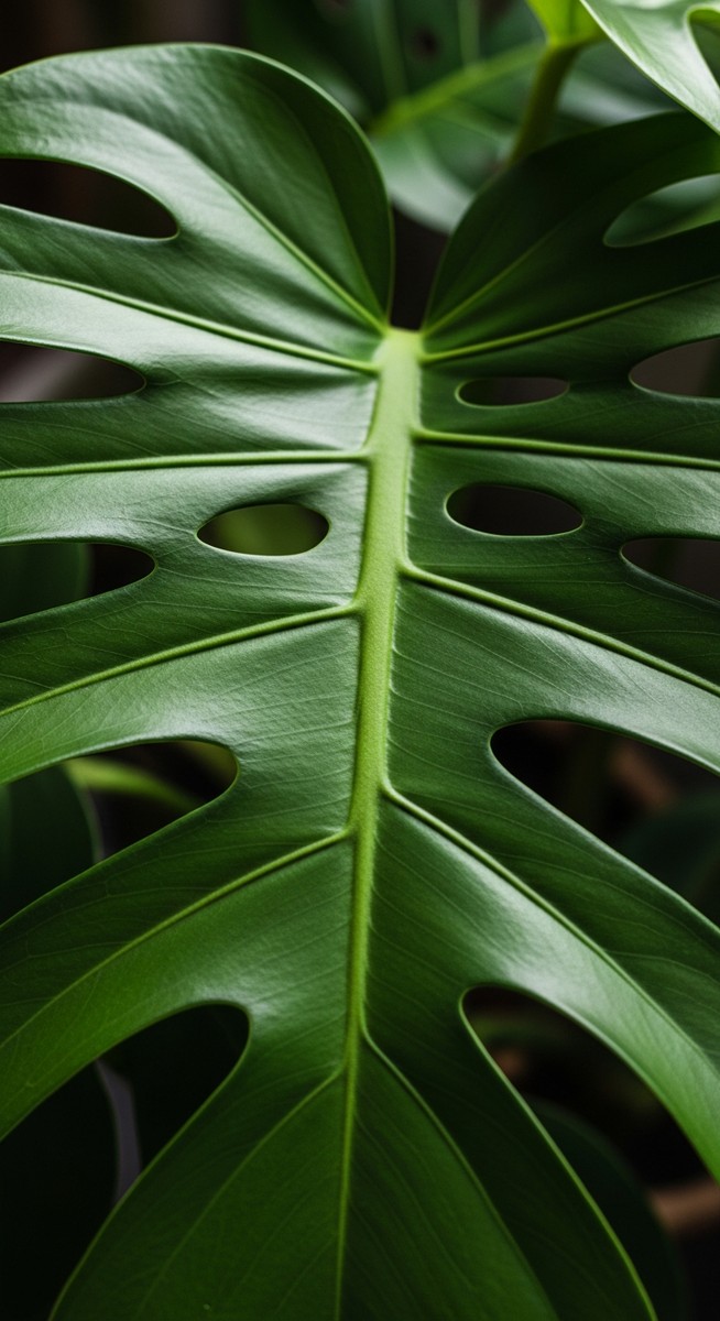 close-up of healthy monstera leaves showing vivid colour and texture, for monstera spruceana