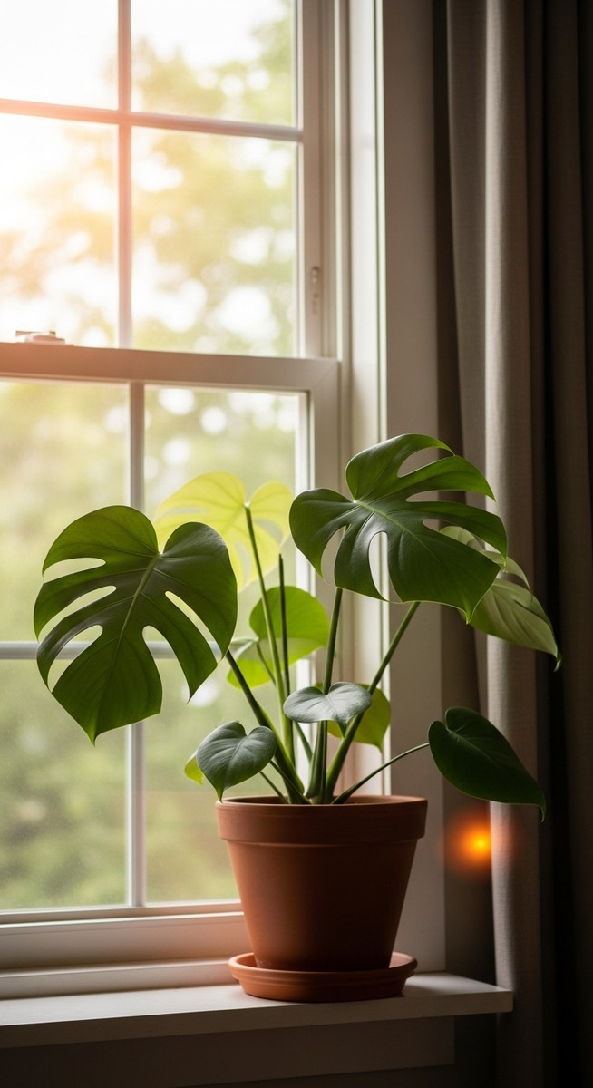 a monstera plant in a pot near a bright window