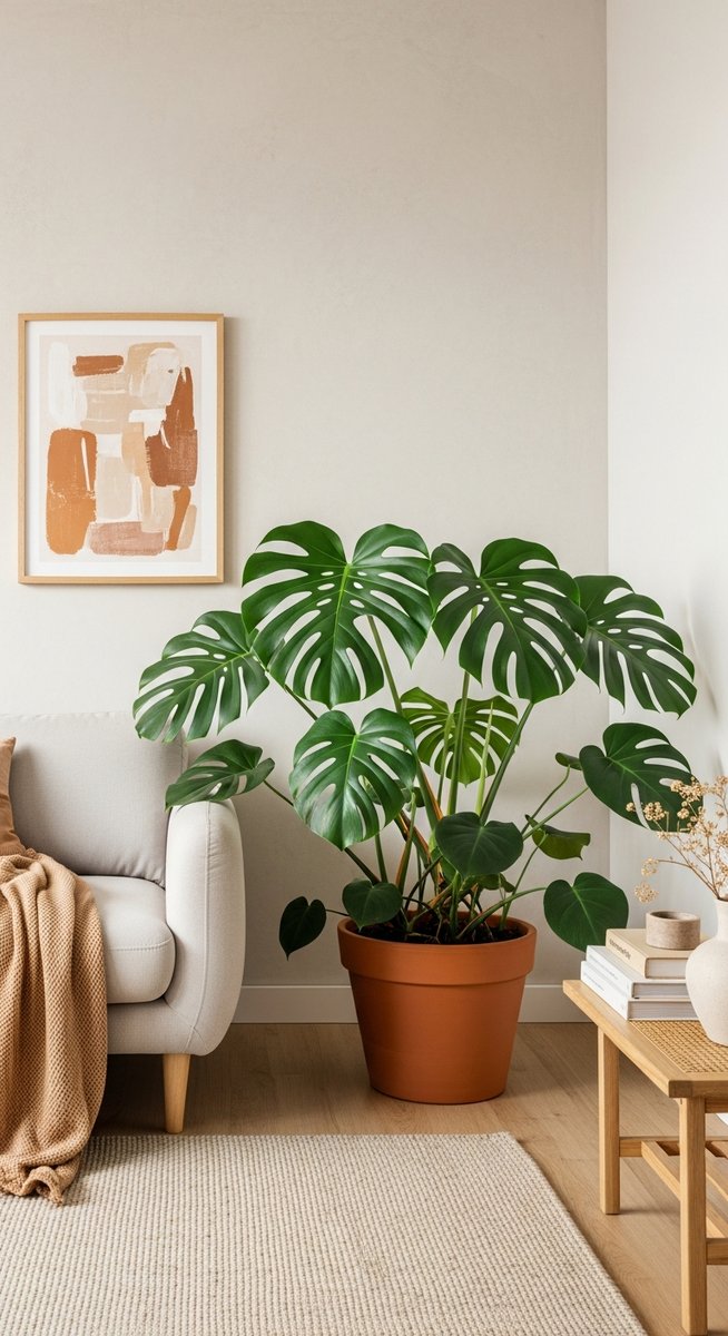 a large thriving monstera plant as a living room focal point, for monstera spruceana