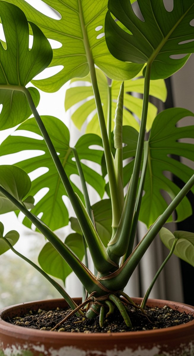 close-up of the base and lower leaves of a monstera plant, for monstera spruceana