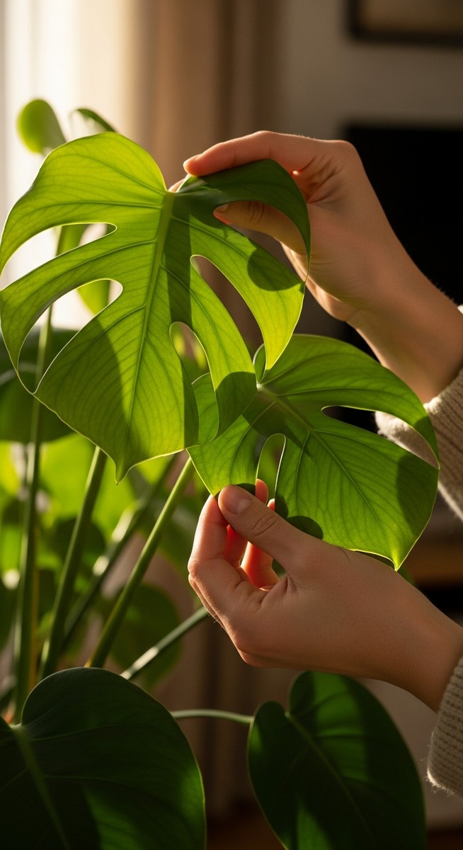 hands touching the leaves of a healthy monstera plant
