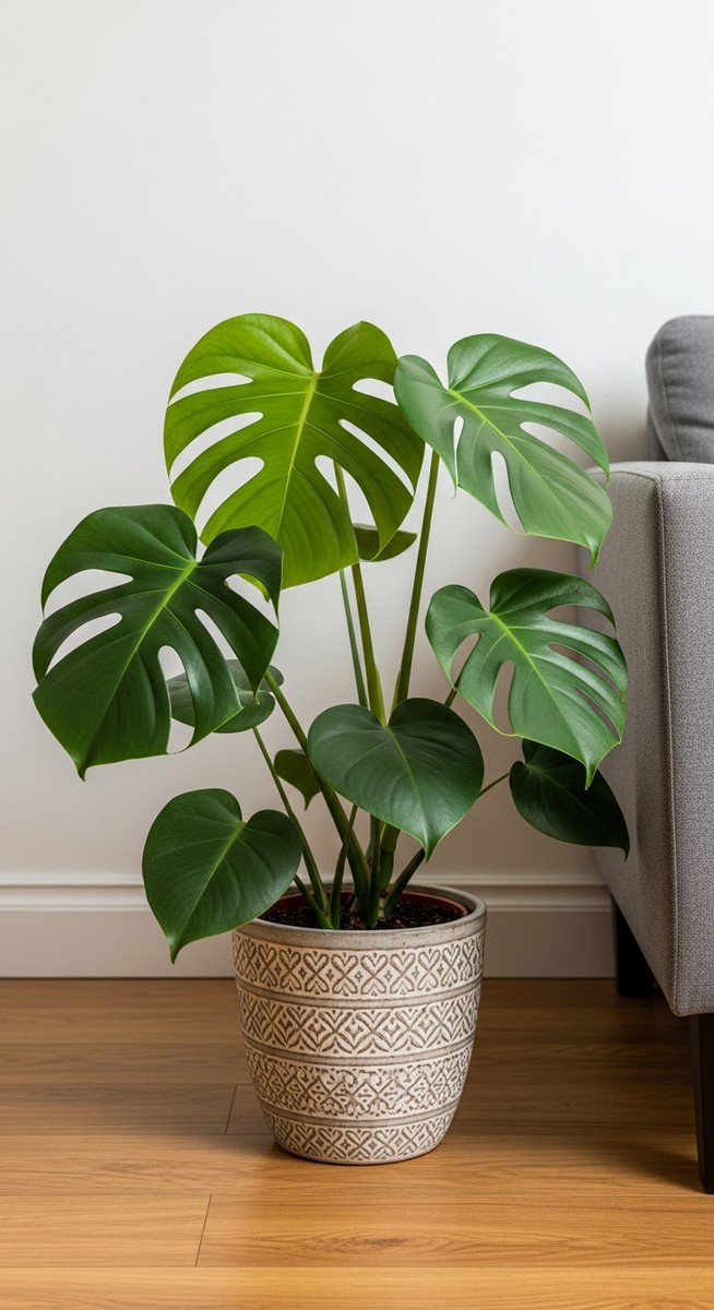 a monstera plant in a decorative pot on a wooden floor