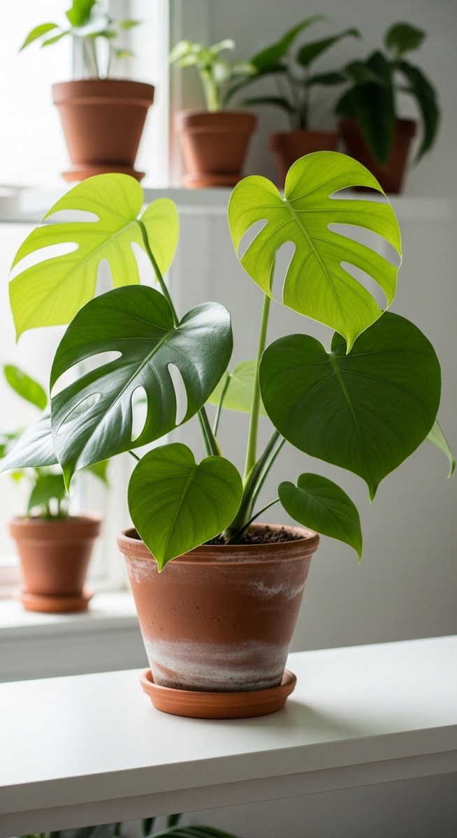 a lush monstera plant in a terracotta pot on a white shelf