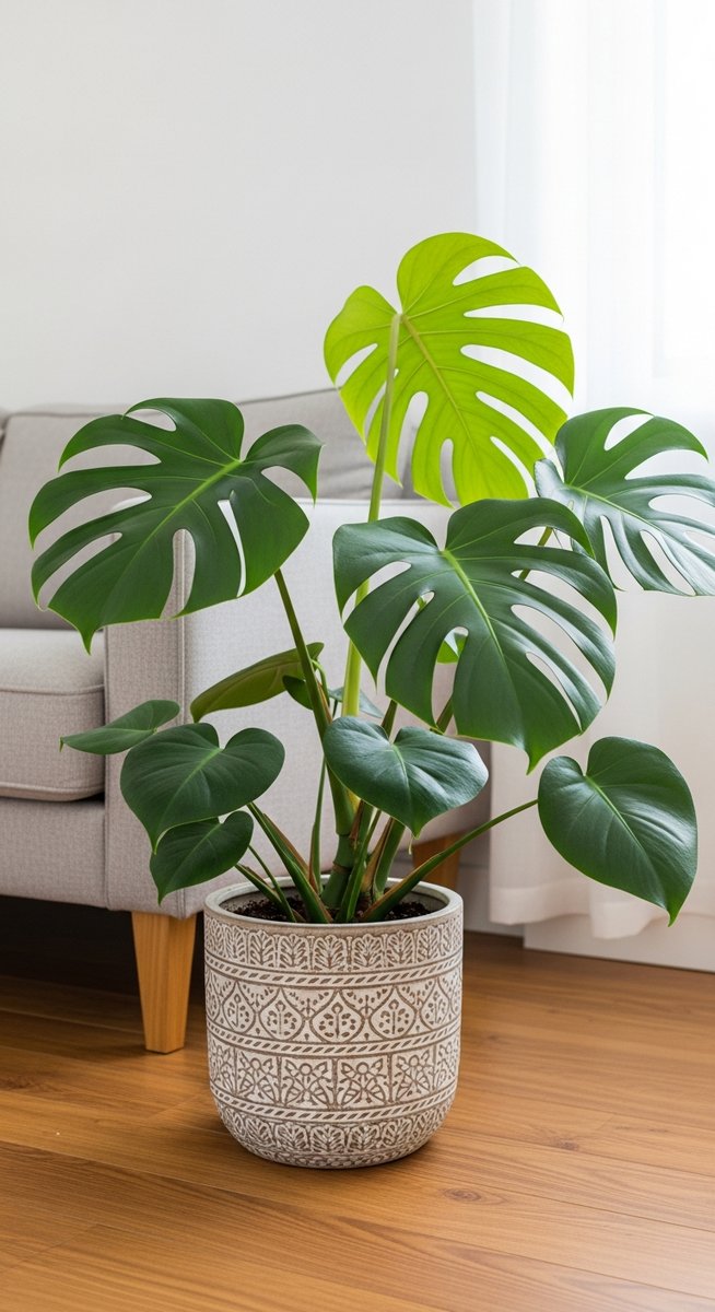 a monstera plant in a decorative pot on a wooden floor