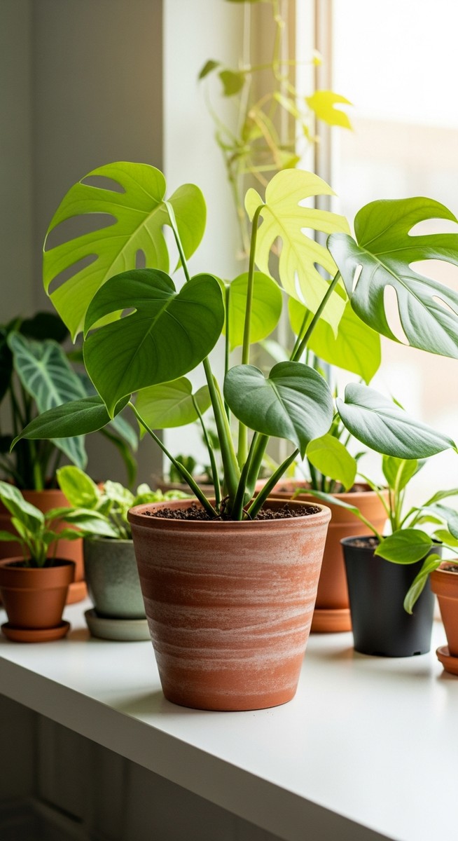 a lush monstera plant in a terracotta pot on a white shelf