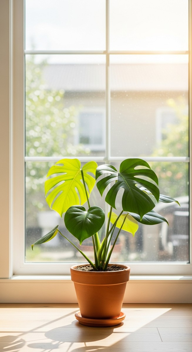 a monstera plant in a pot near a bright window